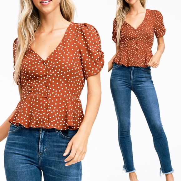 Forever 21 Tops - Rust Polka Dot Deep V Neck Button Peplum Shirt Top